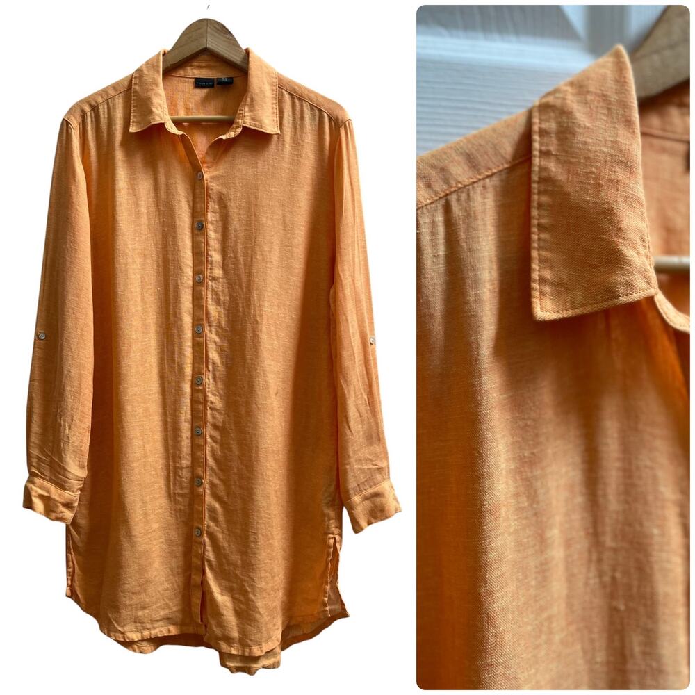 Tahari Linen Blend Lightweight Roll Tab Sleeves Button Front Tunic Top Medium